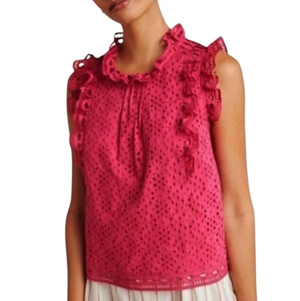 Anthropologie Maeve Tilly Eyelet Ruffle Sleeveless Blouse Top Size 8 Berry Pink